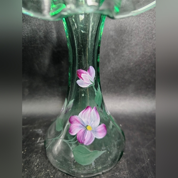 Green Glass Vase with Purple Floral Design - Picture 2 of 6